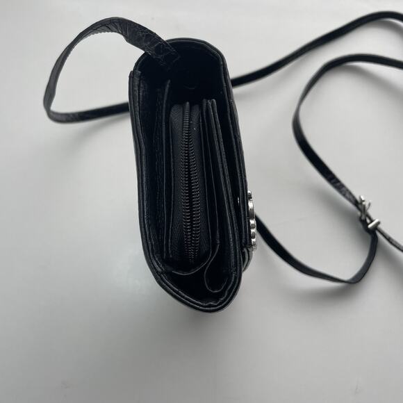 BRIGHTON Black Leather Organizer Wallet Crossbody Croc-embossed Elegant Western - Picture 6 of 15